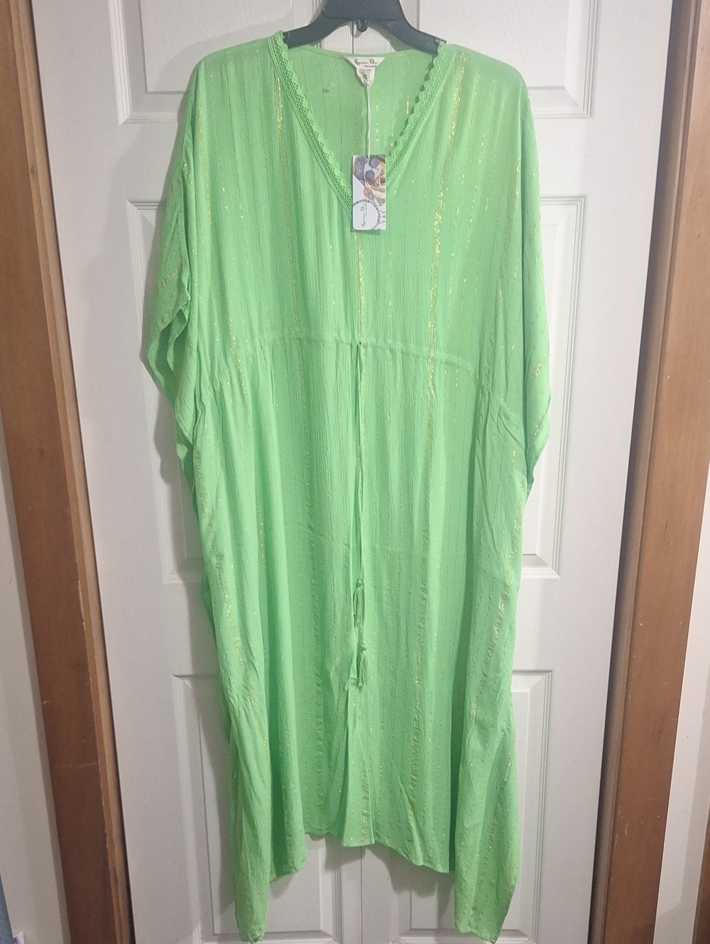Gypsie Blu Flowing Kaftan - Gold Thread Accents - OS - Light Green